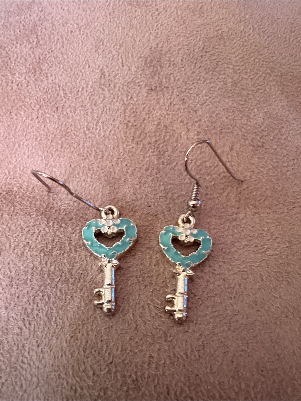 Silver Key Heart Earrings with Turquoise Accent